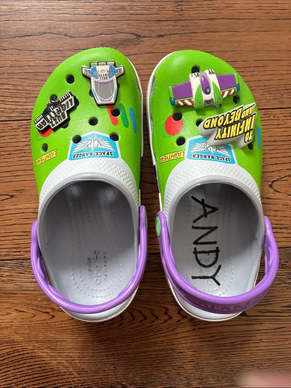 CROCS Kids Green Clog with Purple Strap - Space Ranger Accents